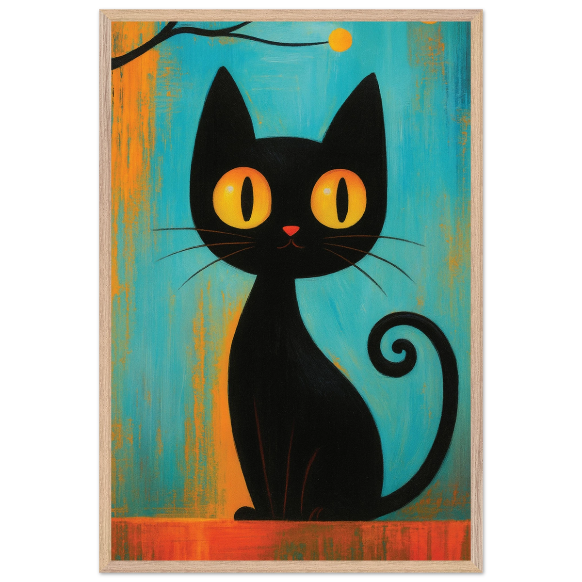 Retro Black Cat Art Print – Playful Wooden Frame Poster - Wood frame - Wooden Framed Posters