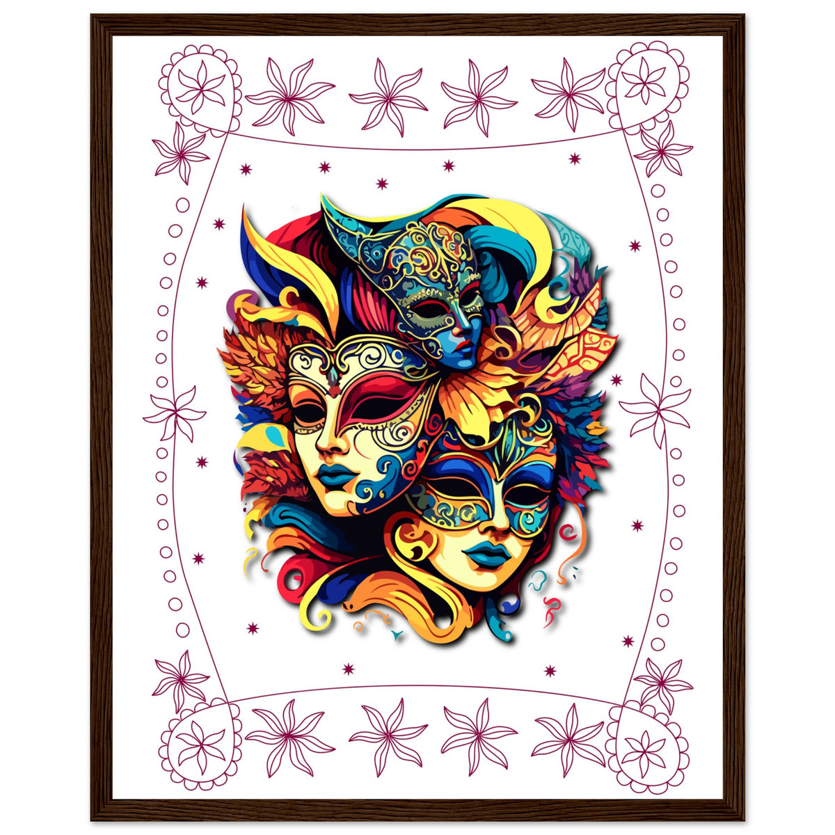 Colorful Mask Trio - Luxury Framed Print - 40x50 cm 16x20″ Dark wood frame - Wooden Framed Posters