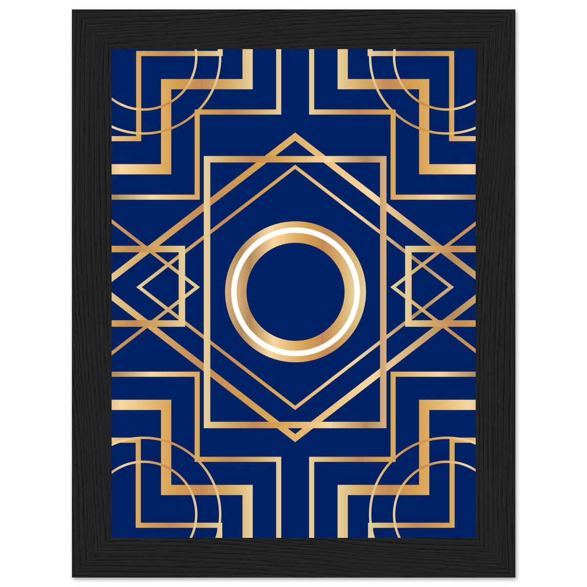 Art Deco Elegance - Blue & Gold Geometric Framed Print - 15x20 cm 6x8″ Black frame - Wooden Framed Posters