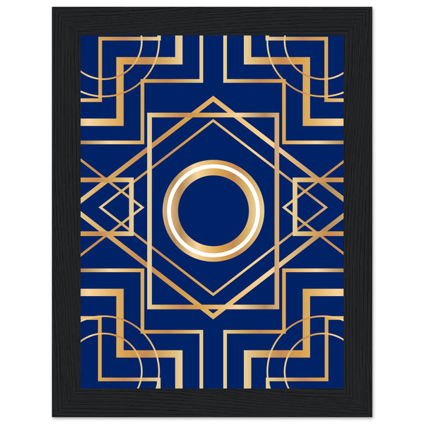 Art Deco Elegance - Blue & Gold Geometric Framed Print - 15x20 cm 6x8″ Black frame - Wooden Framed Posters