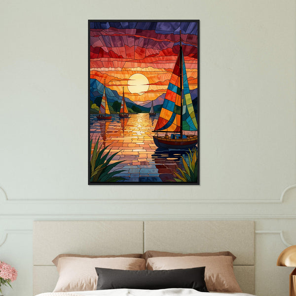 Sunset Sail - Stained Glass Boat Framed Print - Black frame 60x90 cm 24x36″ - Wooden Framed Posters
