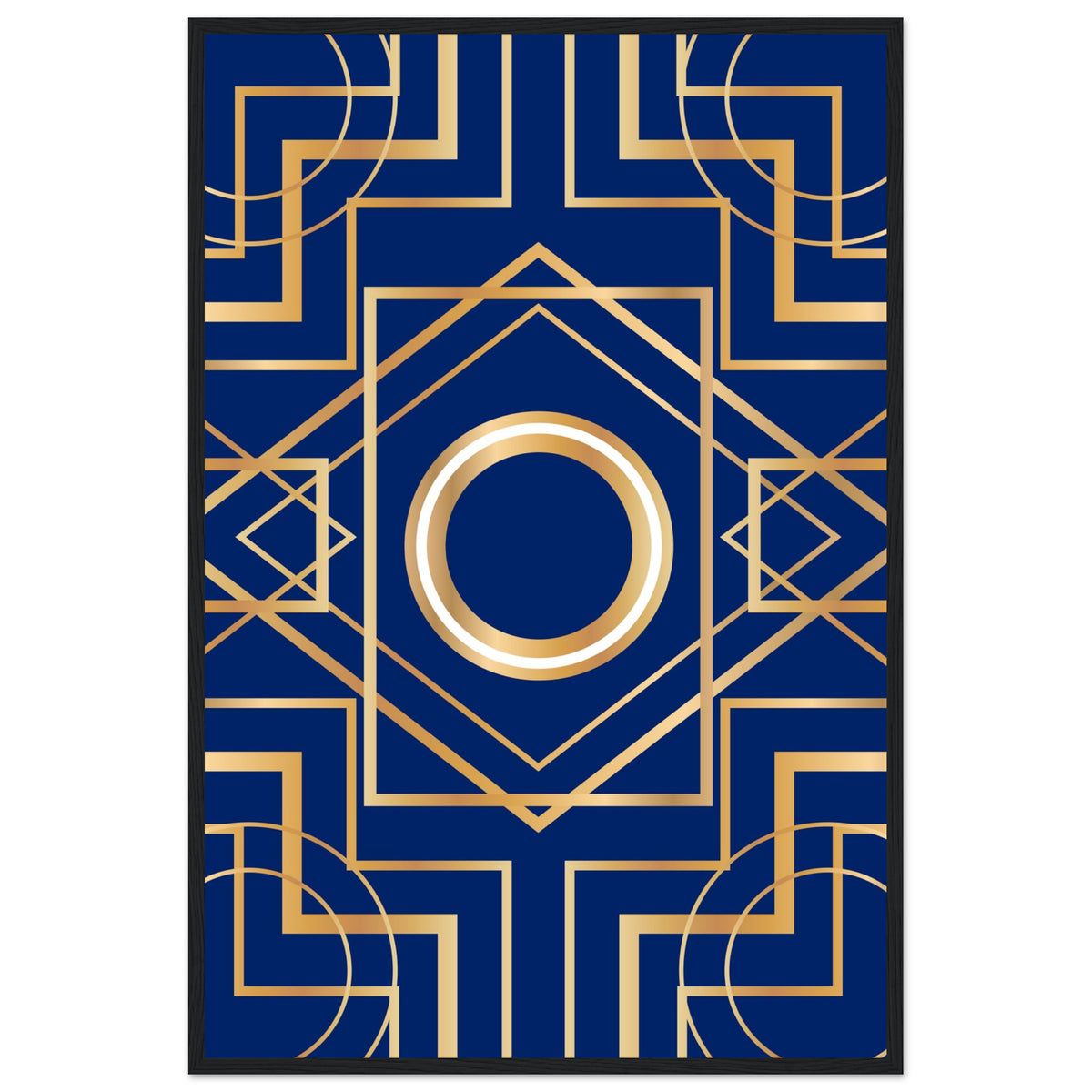 Art Deco Elegance - Blue & Gold Geometric Framed Print - 60x90 cm 24x36″ Black frame - Wooden Framed Posters