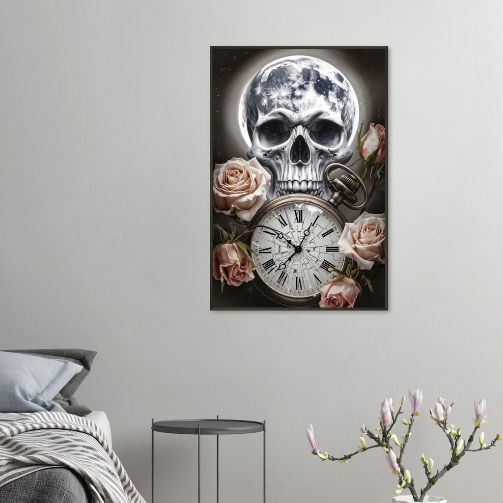 Time's Embrace - Skull, Roses & Clock Framed Print - 60x90 cm 24x36″ - Metal Framed Posters