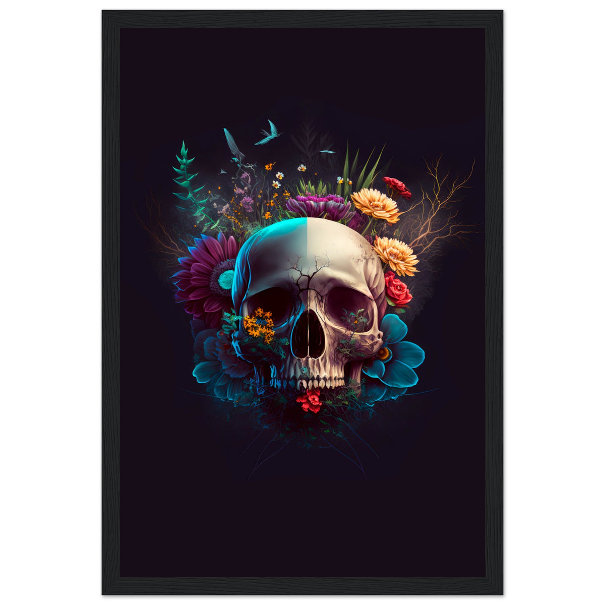 Nature’s Duality - Vibrant Flowers and Skull - 30x45 cm 12x18″ Black frame - Wooden Framed Posters