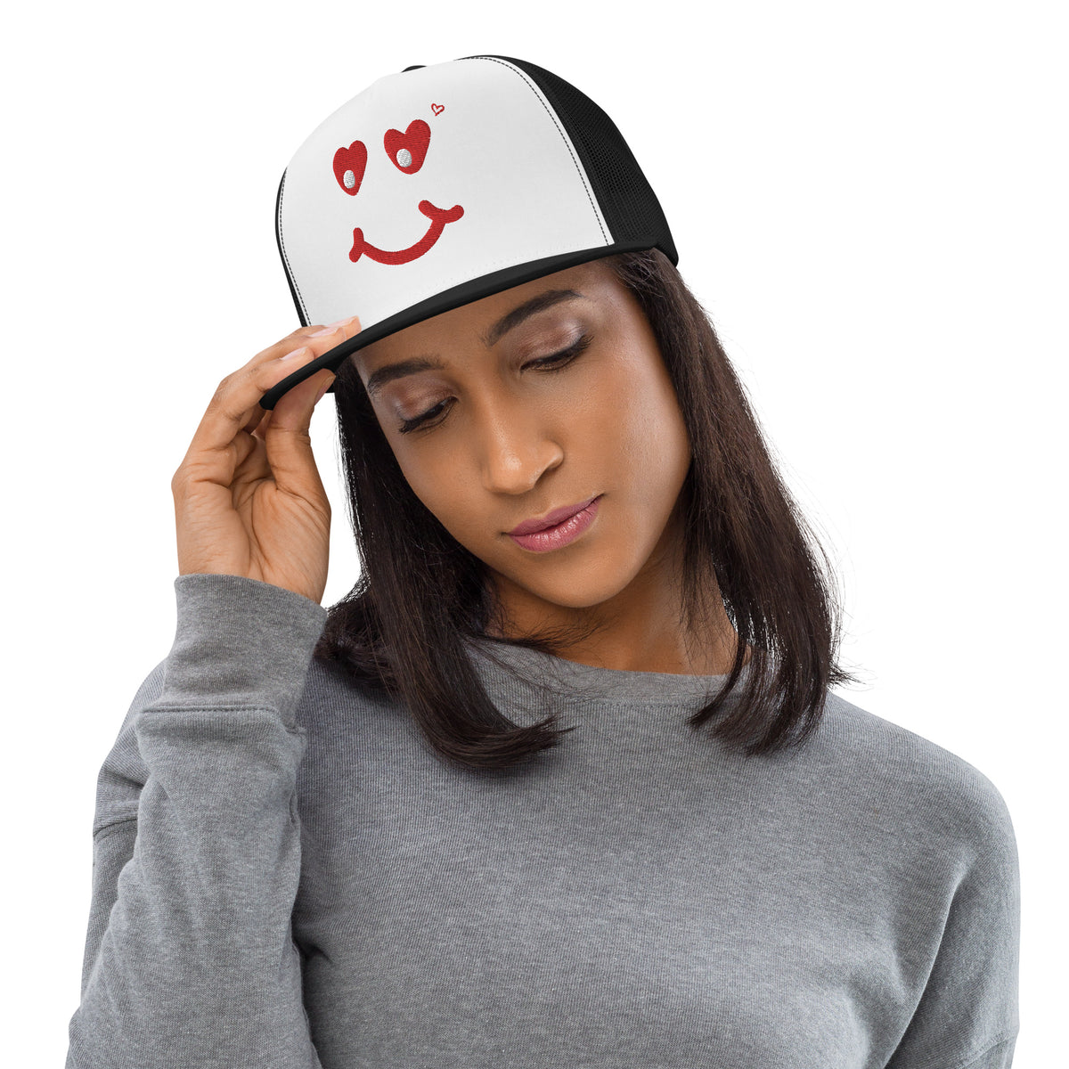 Smile On - Emotive Trucker Cap - Black White Black -