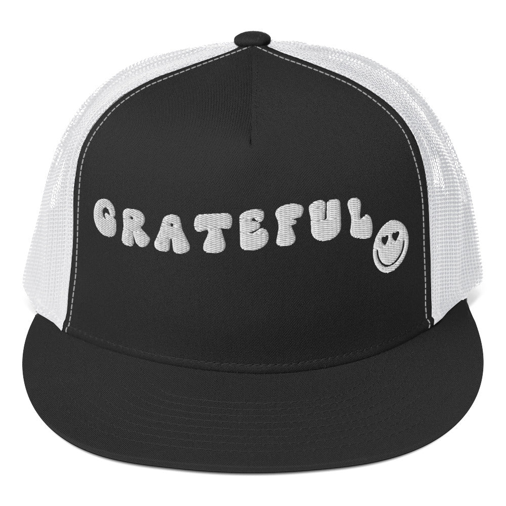 Grateful Vibes - Smiley Face Trucker Cap - Black White -