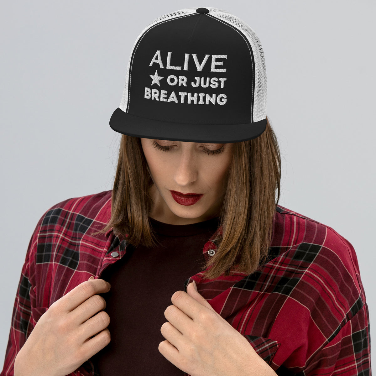 Stellar Reflections - Alive or Just Breathing Trucker Cap - Black White -