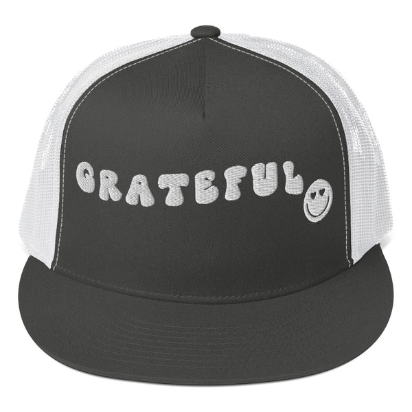 Grateful Vibes - Smiley Face Trucker Cap - Charcoal White -