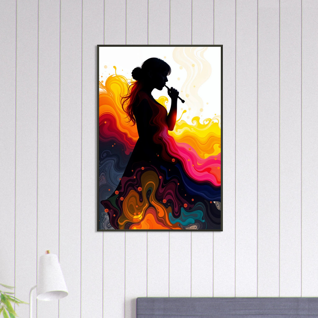 Harmonic Hues - Woman with Flute Abstract Print - 60x90 cm 24x36″ - Metal Framed Posters