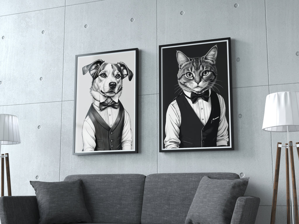 Sophisticated Tails - Cat and Dog - 12x18 - Framed Posters