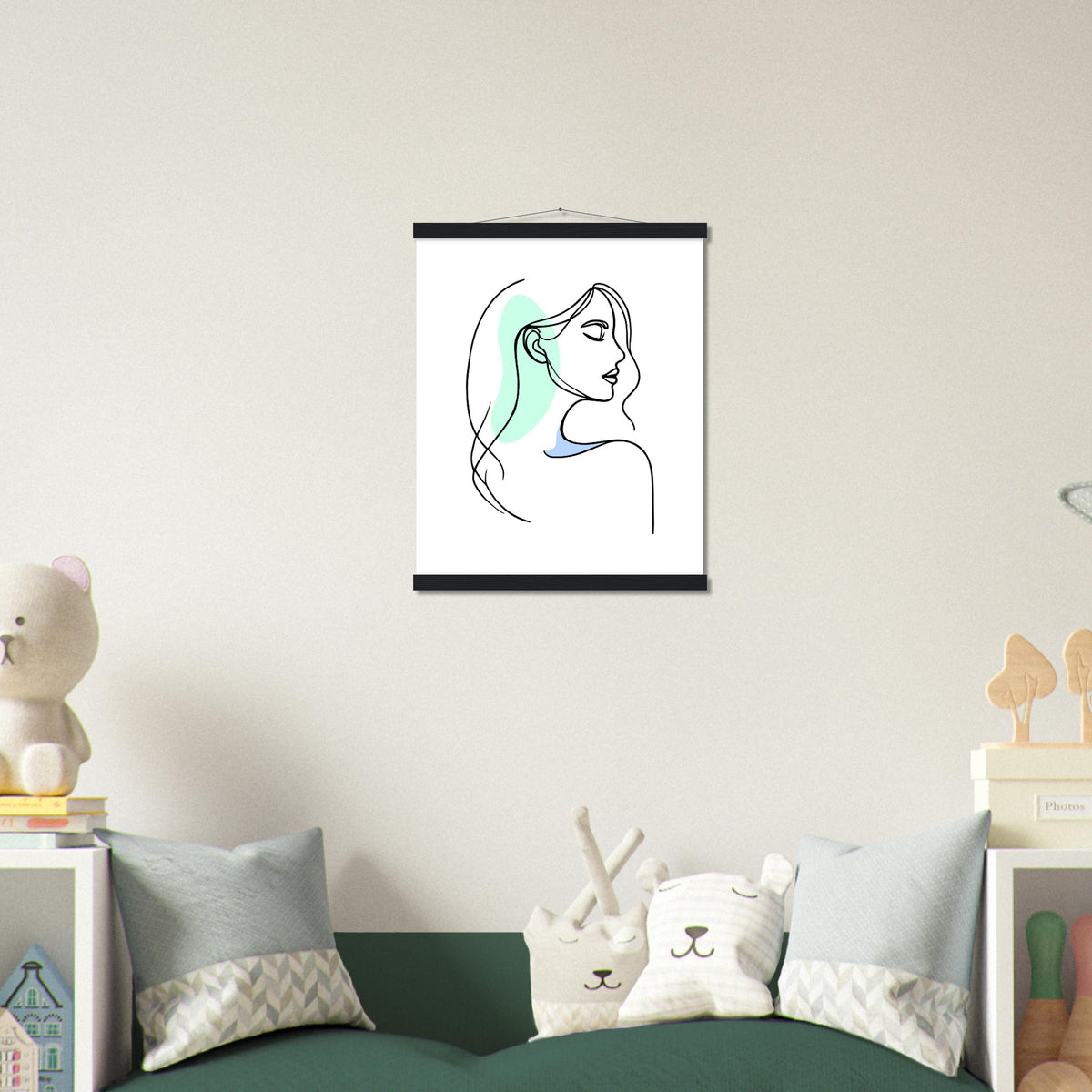 Elegance in Line - Minimalist Female Profile Art with Wooden Hangers - - Posters With Hanger