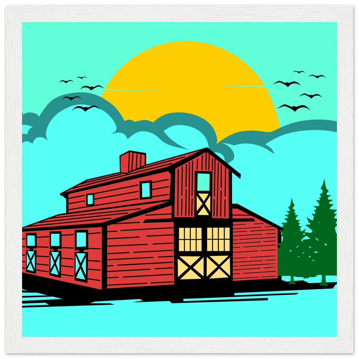 Countryside Sunrise - A Nostalgic Barn Scene - 30x30 cm 12x12″ White frame - Wooden Framed Posters