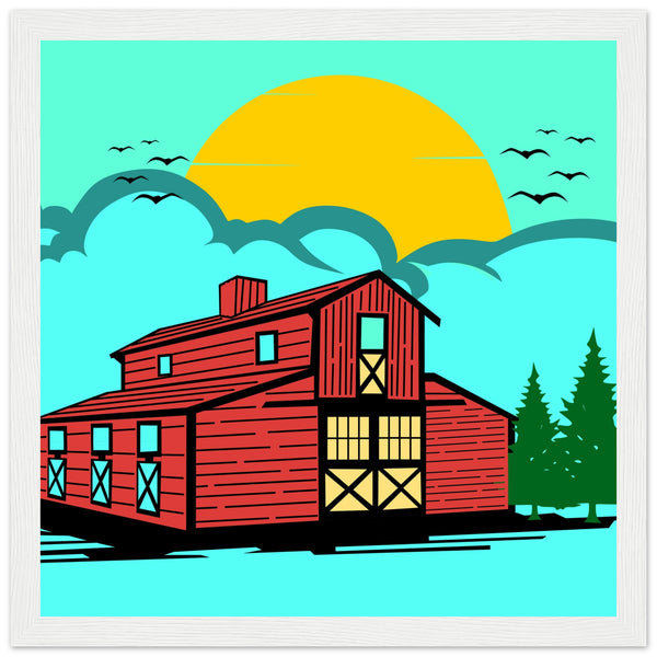 Countryside Sunrise - A Nostalgic Barn Scene - 30x30 cm 12x12″ White frame - Wooden Framed Posters