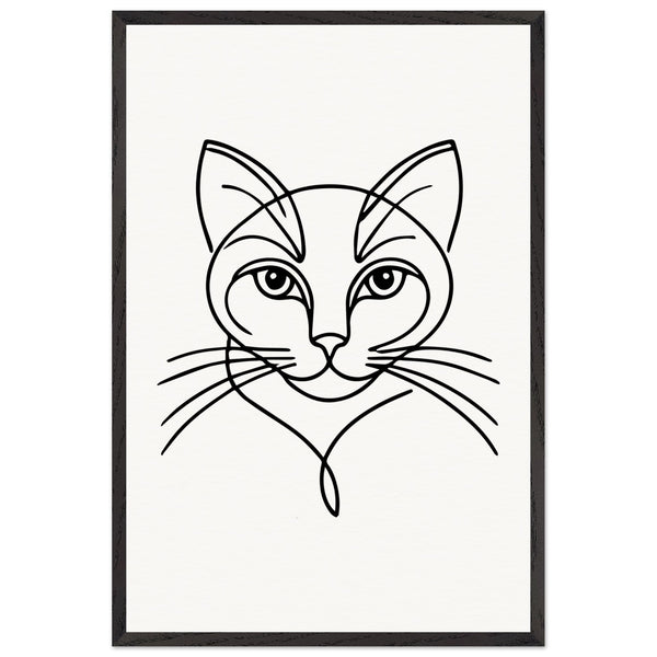 Timeless Cat Line Art - Natural Wood Framed Elegance - - Wooden Framed Posters