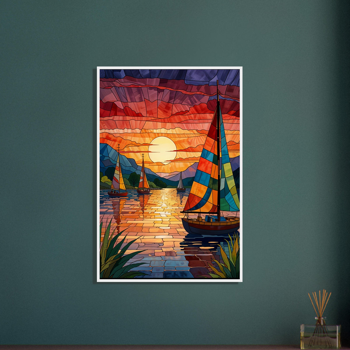 Sunset Sail - Stained Glass Boat Framed Print - - Wooden Framed Posters