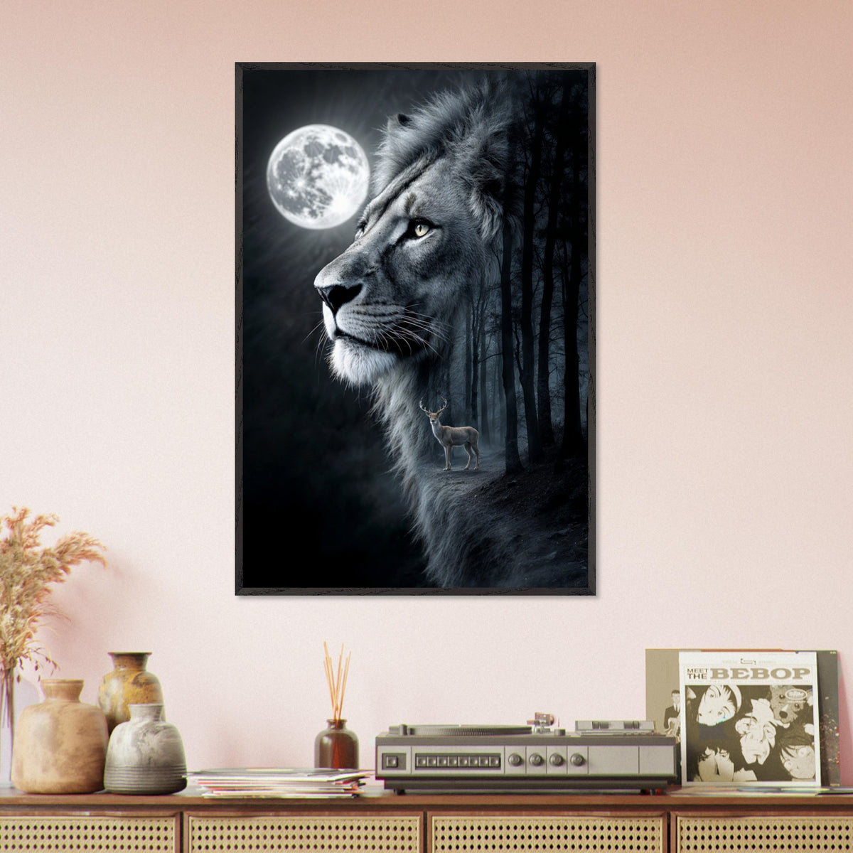 The Moonlit Guardian - Lion and Deer Framed Art - Black frame - Framed Posters