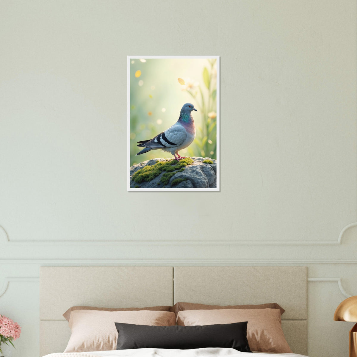Peaceful Perch - Dove on Mossy Rock Print - 40x60 cm 16x24″ White frame - Wooden Framed Poster