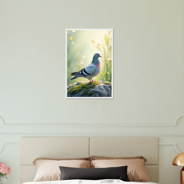Peaceful Perch - Dove on Mossy Rock Print - 40x60 cm 16x24″ White frame - Wooden Framed Poster