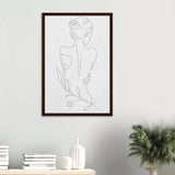 Botanical Grace – Line Art Woman Framed Canvas - Dark wood frame - Canvas