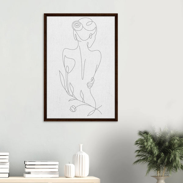 Botanical Grace – Line Art Woman Framed Canvas - Dark wood frame - Canvas