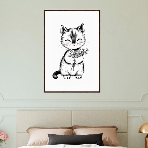 Purrfect Gift - Kitten with Flowers Framed Print - Dark wood frame 60x90 cm 24x36″ - Wooden Framed Posters