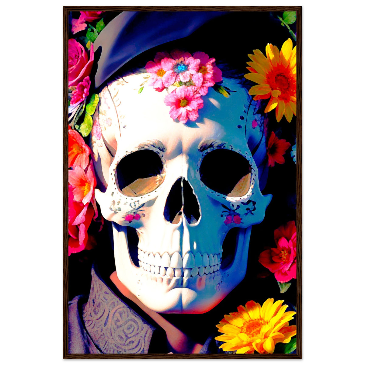 Mystical Bloom - Premium Floral Skull Poster - 60x90 cm 24x36″ Dark wood frame - Wooden Framed Posters