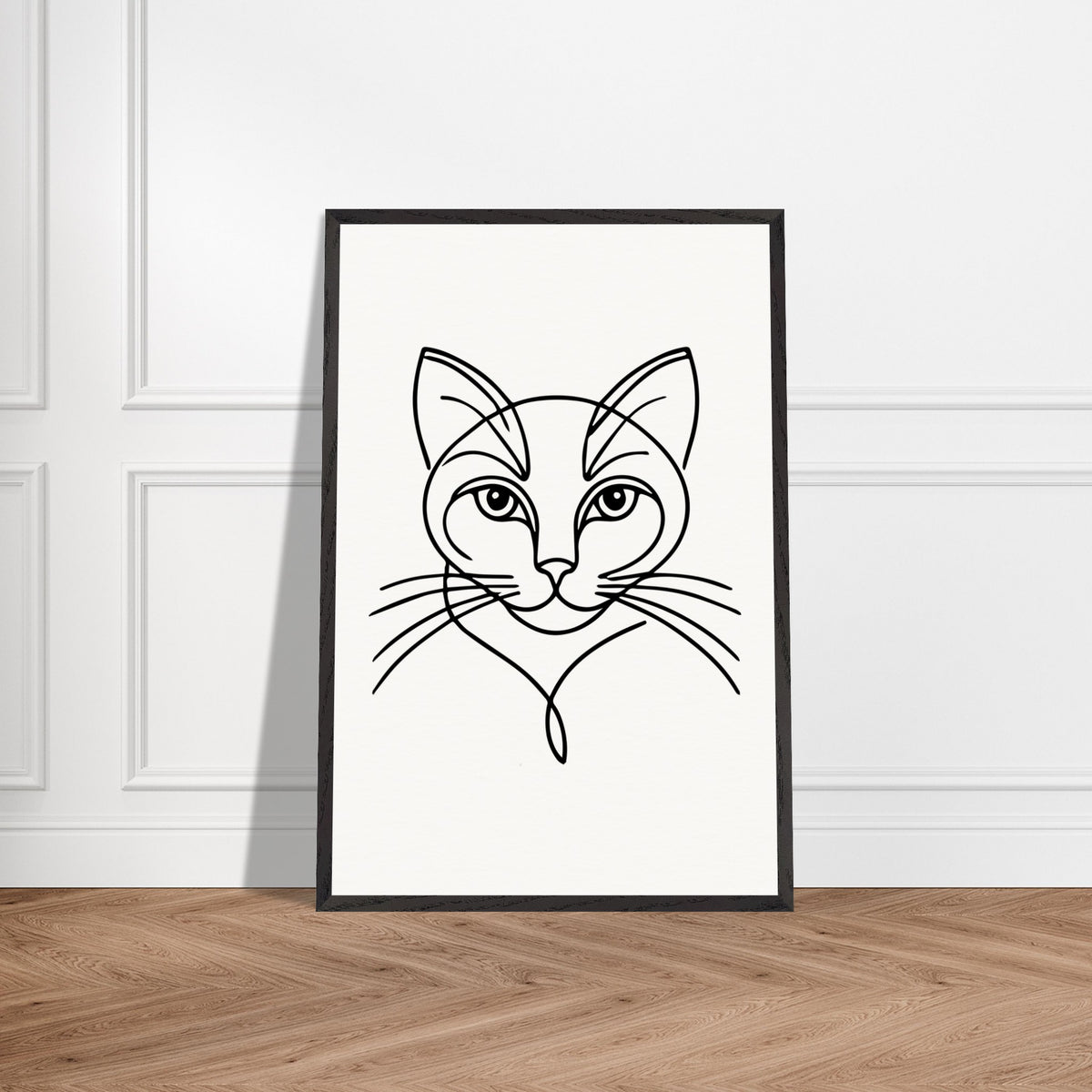 Timeless Cat Line Art - Natural Wood Framed Elegance - - Wooden Framed Posters