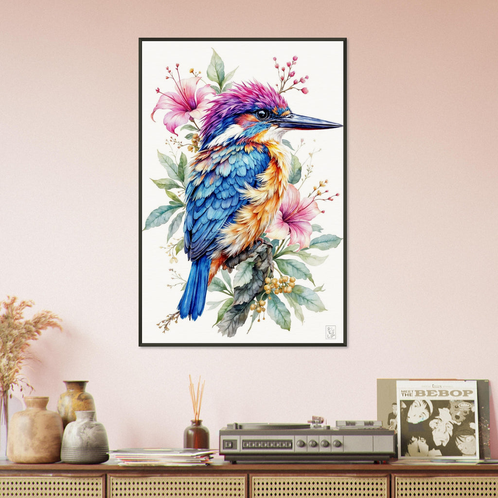 Vibrant Majesty - A Kingfisher Among Blooms - 60x90 cm 24x36″ - Framed Posters