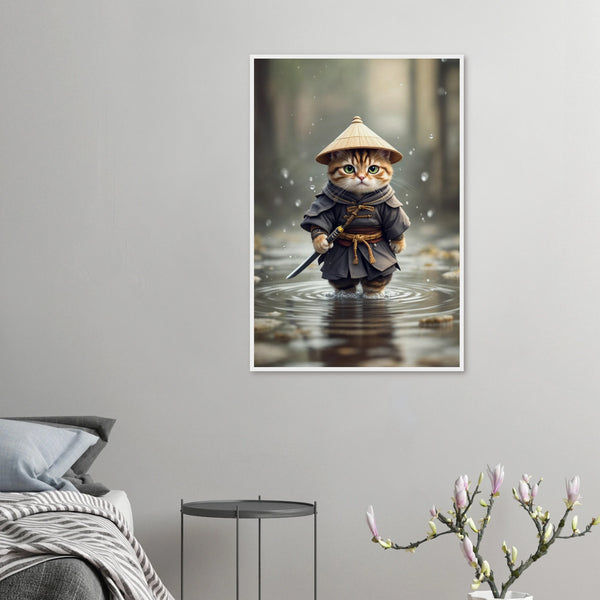 Samurai Kitty - Zen Warrior Framed Art - 60x90 cm 24x36″ White frame - Wooden Framed Posters