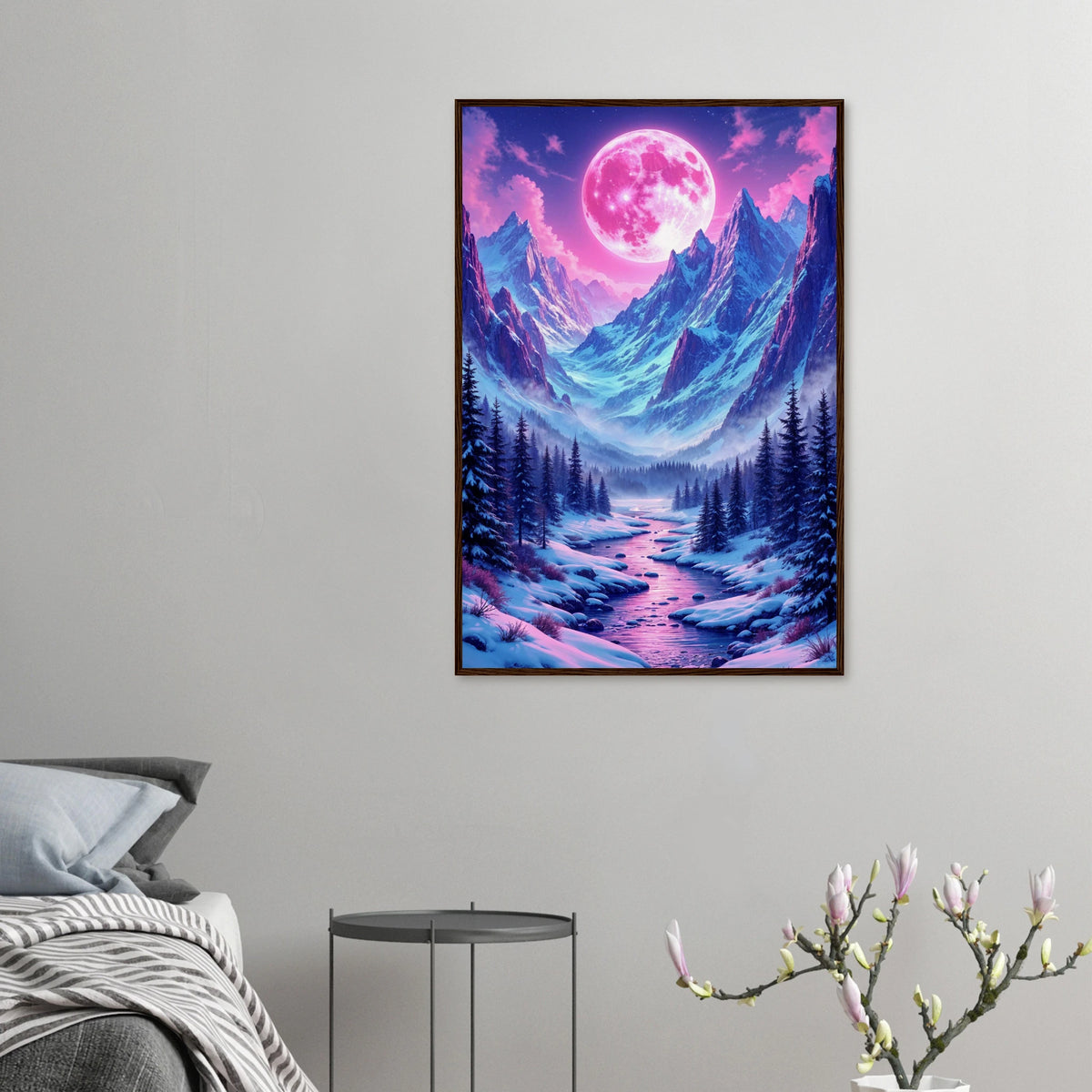 Pink Moon Vista - Mountain Landscape Framed Poster - 60x90 cm 24x36″ Dark wood frame - Wooden Framed Posters