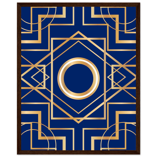 Art Deco Elegance - Blue & Gold Geometric Framed Print - 40x50 cm 16x20″ Dark wood frame - Wooden Framed Posters