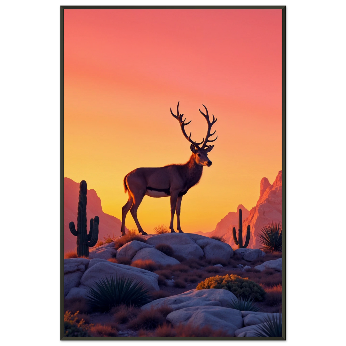 Desert Majesty - Sunset Deer Framed Poster - - Metal Framed Posters