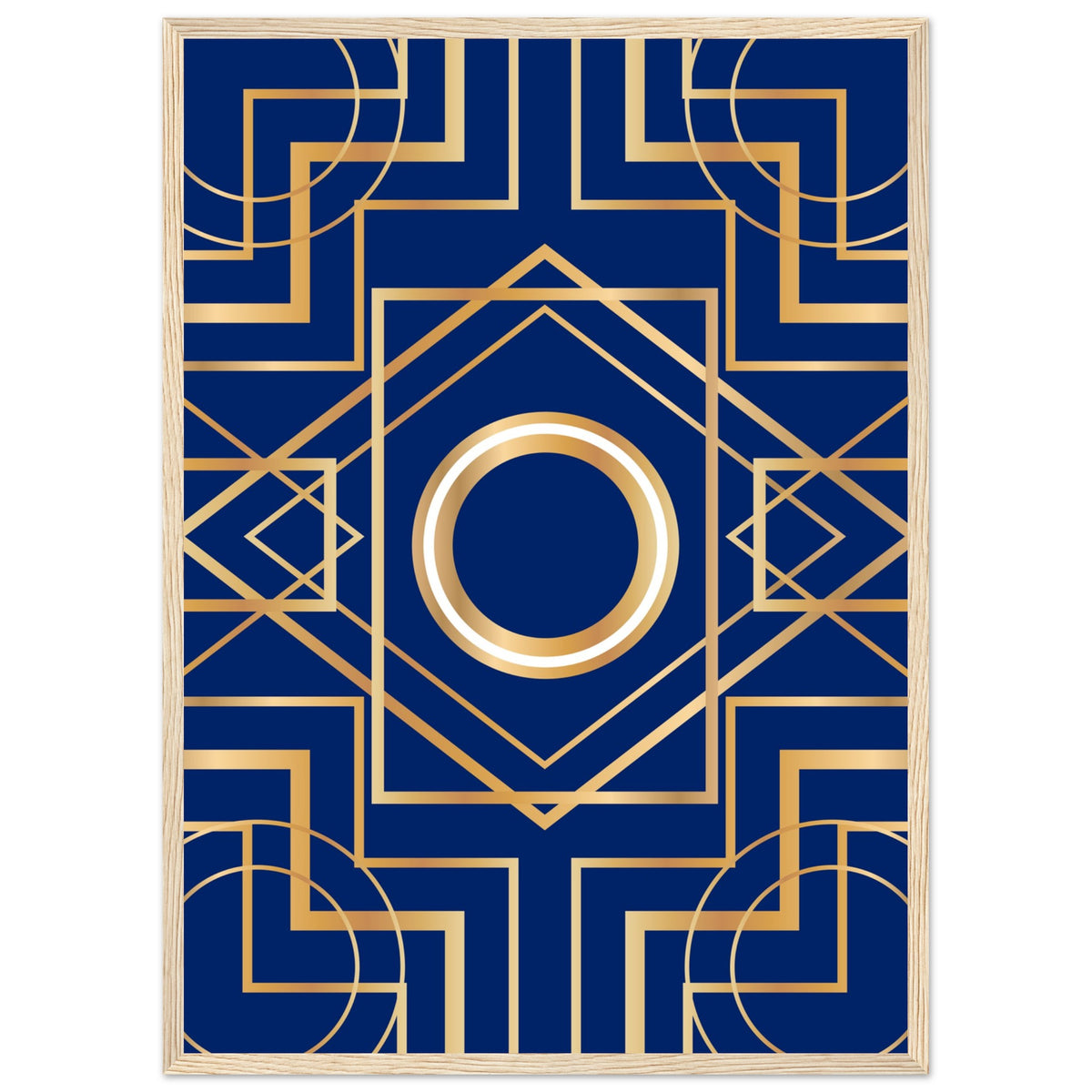 Art Deco Elegance - Blue & Gold Geometric Framed Print - 50x70 cm 20x28″ Wood frame - Wooden Framed Posters