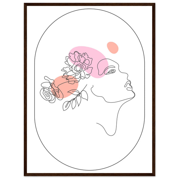 Ethereal Blossom Muse - Framed Line Art Poster - 60x80 cm 24x32″ Dark wood frame - Wooden Framed Posters