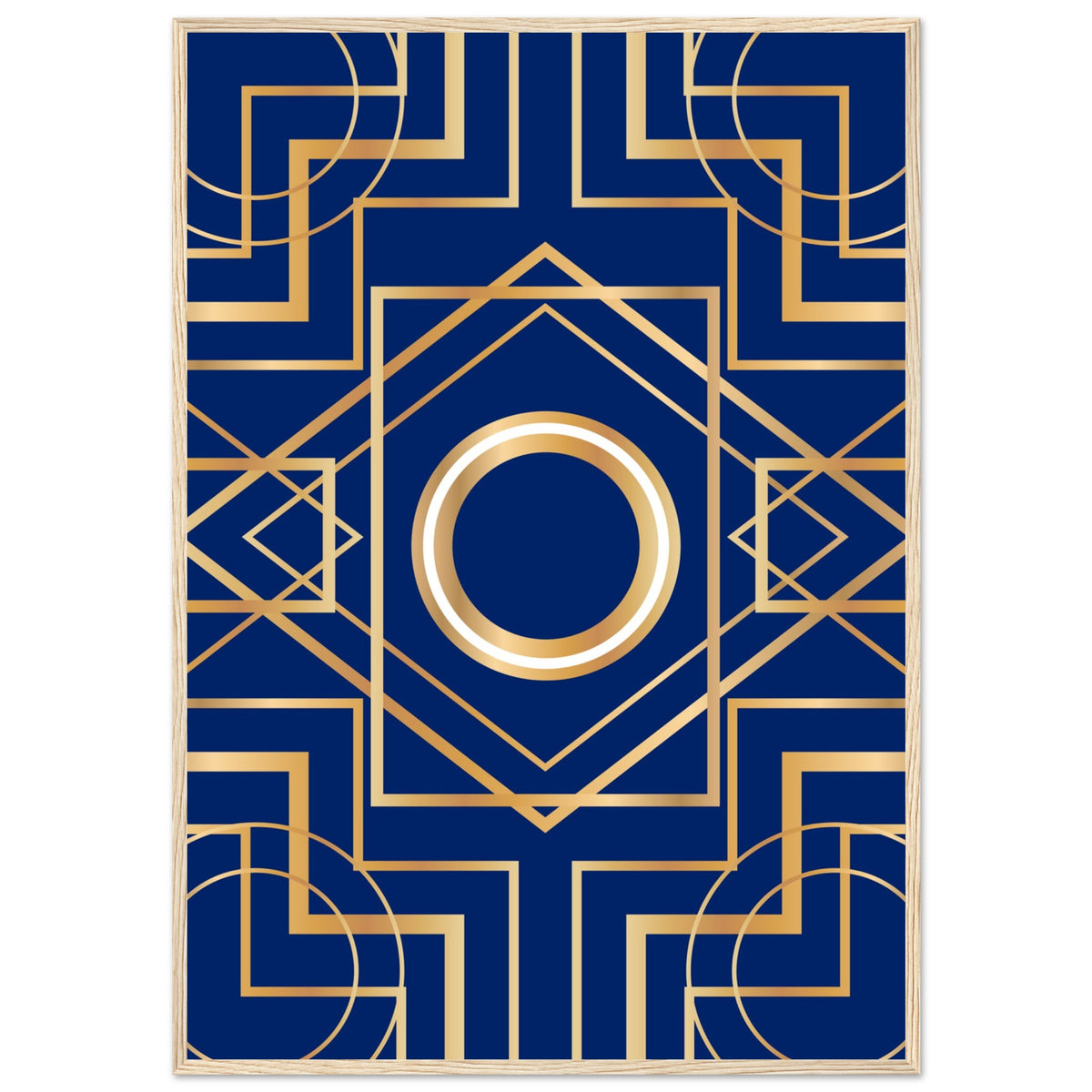 Art Deco Elegance - Blue & Gold Geometric Framed Print - 70x100 cm 28x40″ Wood frame - Wooden Framed Posters