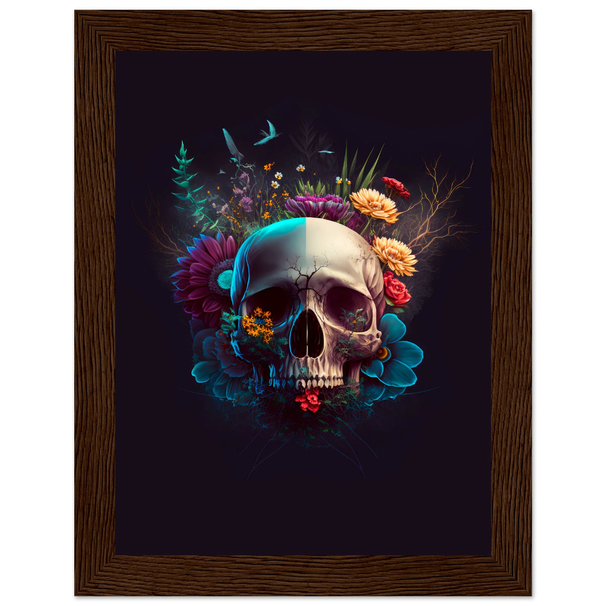 Nature’s Duality - Vibrant Flowers and Skull - 15x20 cm 6x8″ Dark wood frame - Wooden Framed Posters