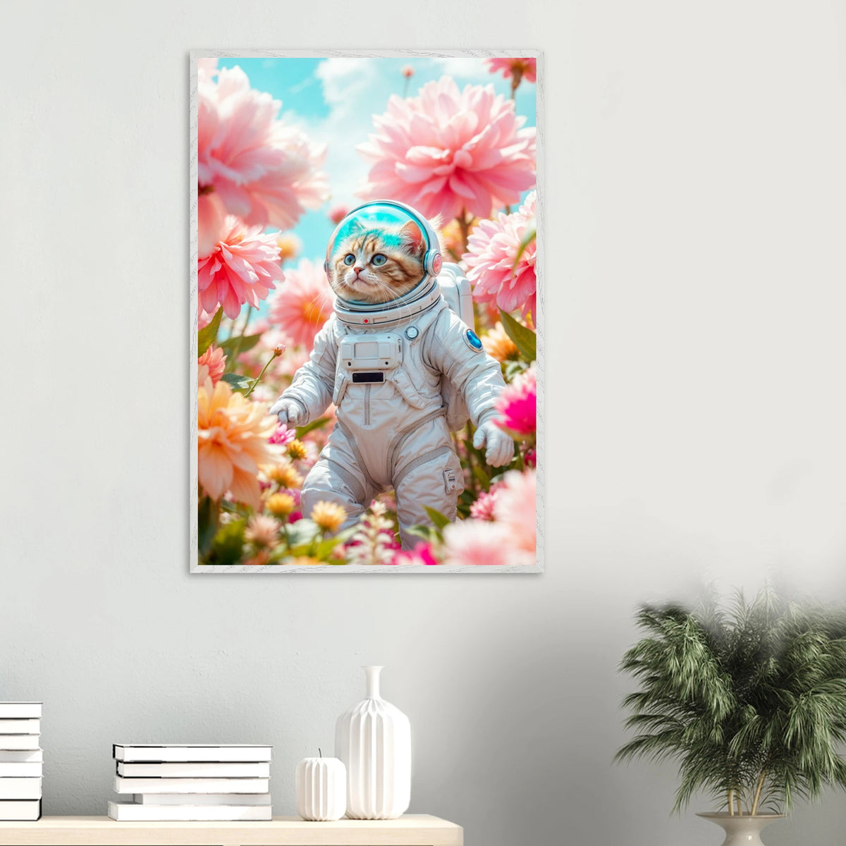 Whimsical Astronaut Cat – Framed Poster for Cat Moms - White frame - Wooden Framed Posters