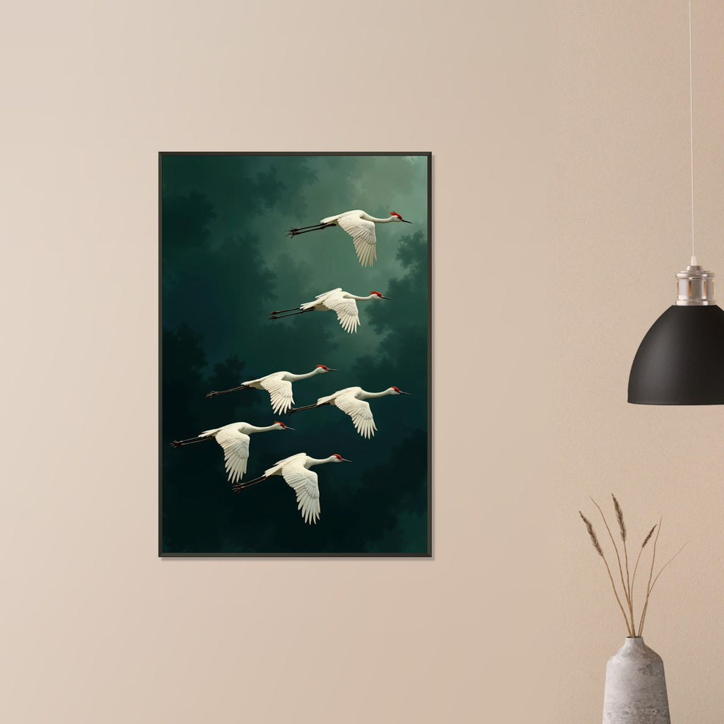 Grace in Flight - Cranes Soaring Through Twilight - - Framed Poster