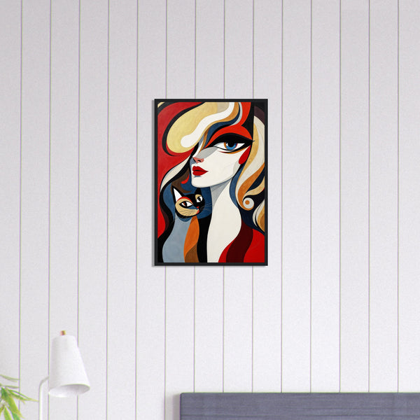 Bold Graphic Woman with Feline Companion Wall Decor - Black frame 40x60 cm 16x24″ - Wooden Framed Posters