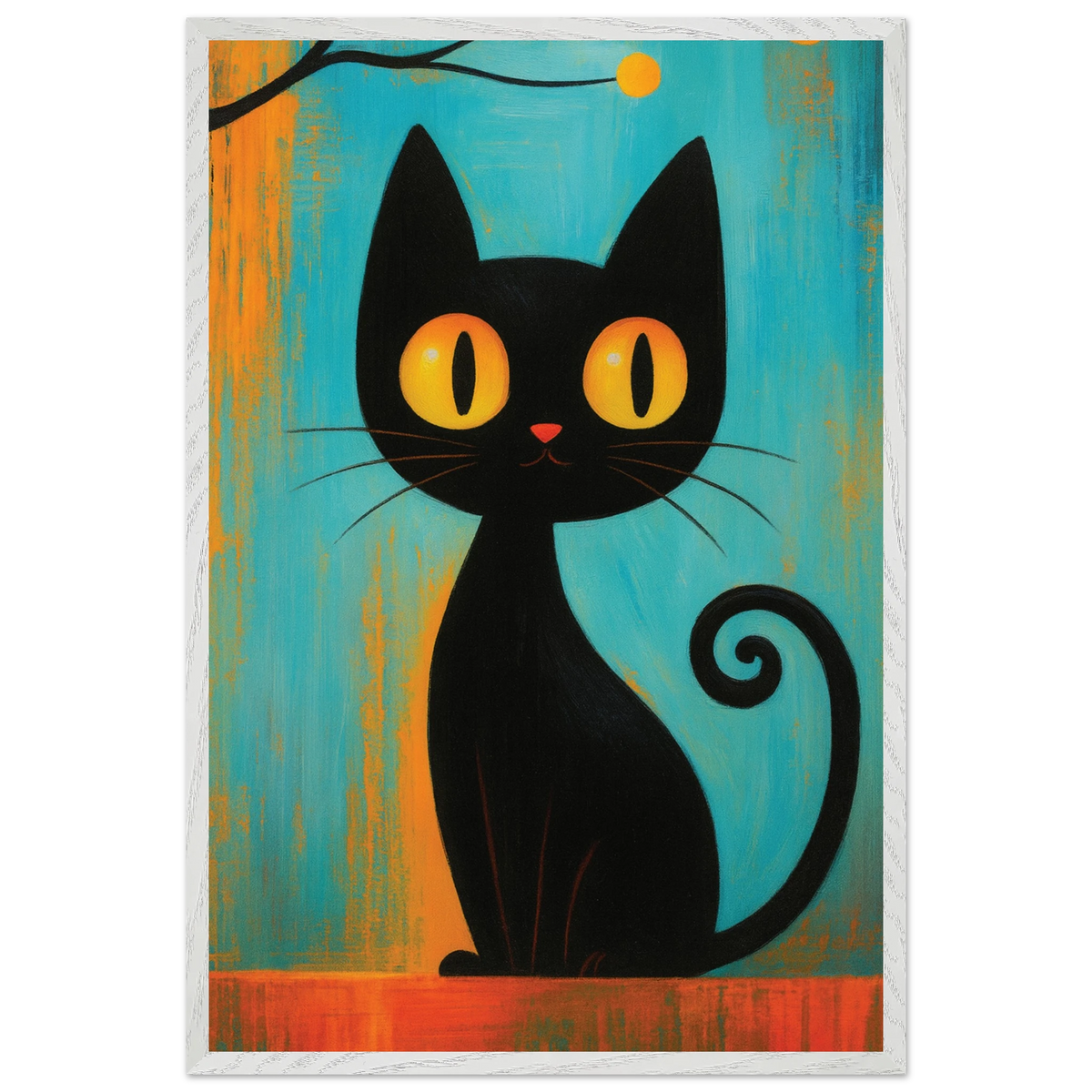 Retro Black Cat Art Print – Playful Wooden Frame Poster - White frame - Wooden Framed Posters