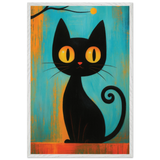 Retro Black Cat Art Print – Playful Wooden Frame Poster - White frame - Wooden Framed Posters