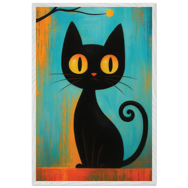 Retro Black Cat Art Print – Playful Wooden Frame Poster - White frame - Wooden Framed Posters