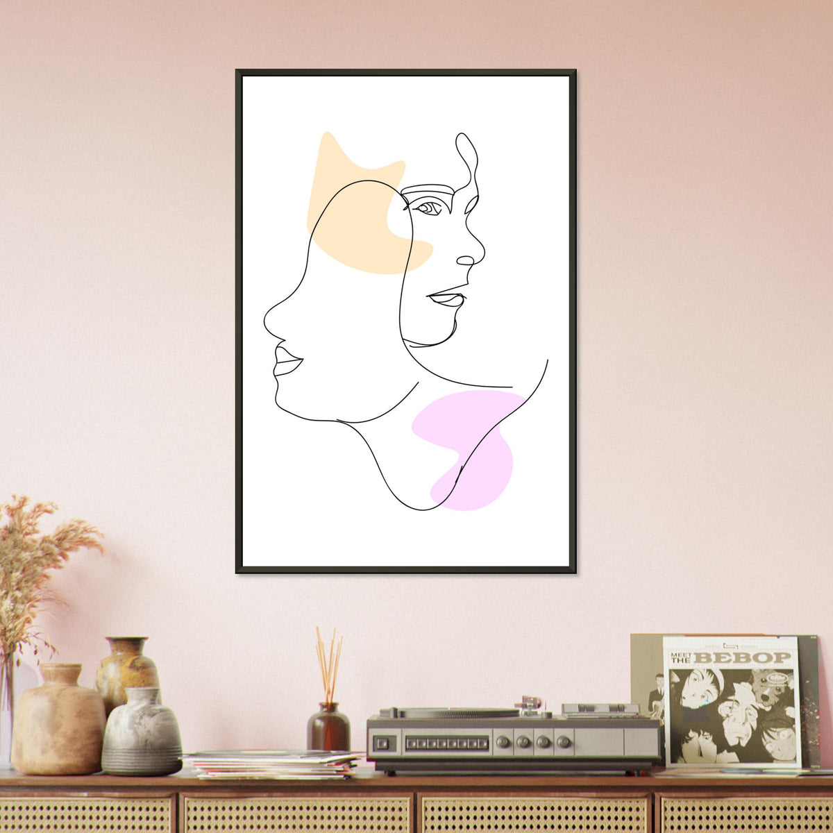 Mirrored Elegance - Artistic Line Faces in Gentle Tones - - Metal Framed Posters