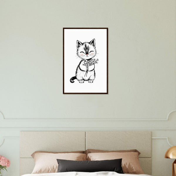 Purrfect Gift - Kitten with Flowers Framed Print - Dark wood frame 40x60 cm 16x24″ - Wooden Framed Posters