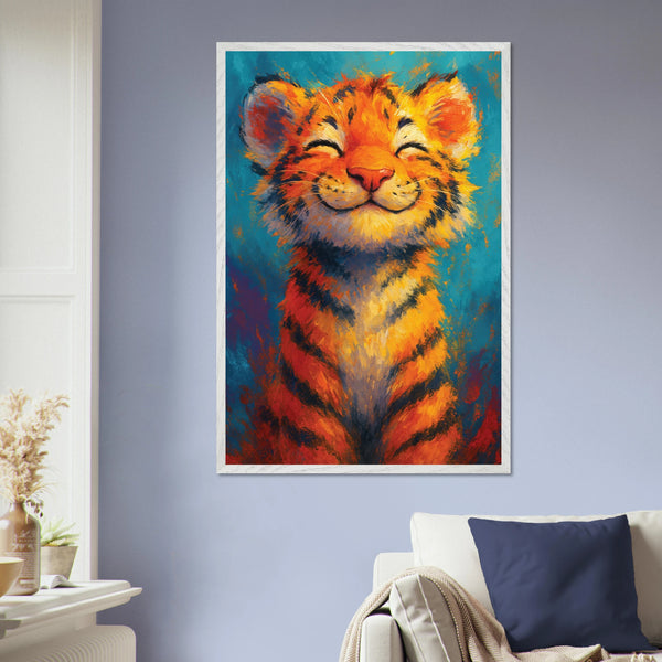 Smiling Tiger Wooden Poster – Gift of Joy & Courage - - Wooden Framed Posters