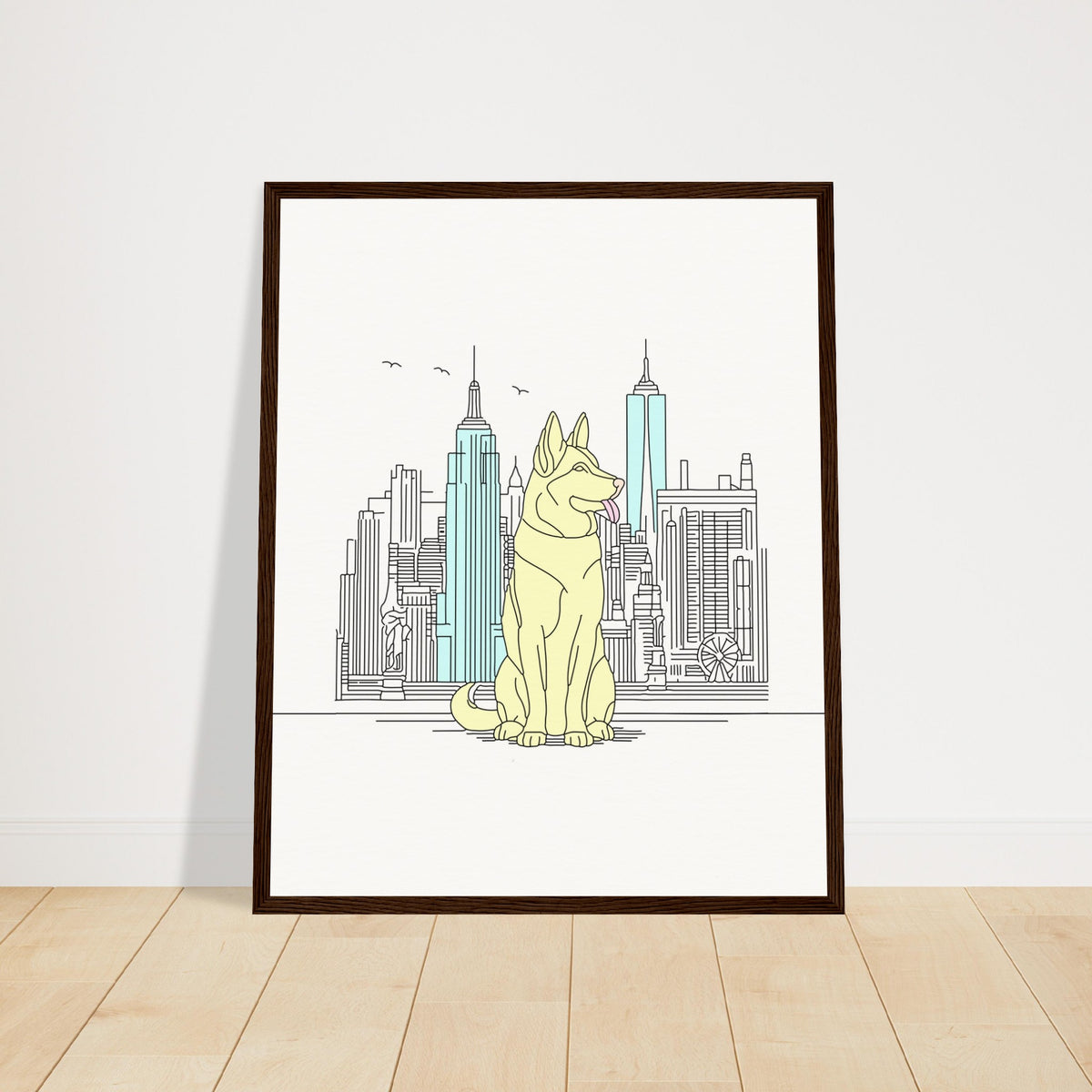 Urban Companion - Dog and Cityscape Art - 40x50 cm 16x20″ Dark wood frame - Wooden Framed Posters