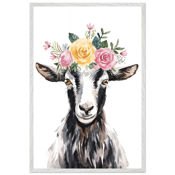 Floral Goat Framed Poster – Gift for Animal Lovers - - Wooden Framed Posters