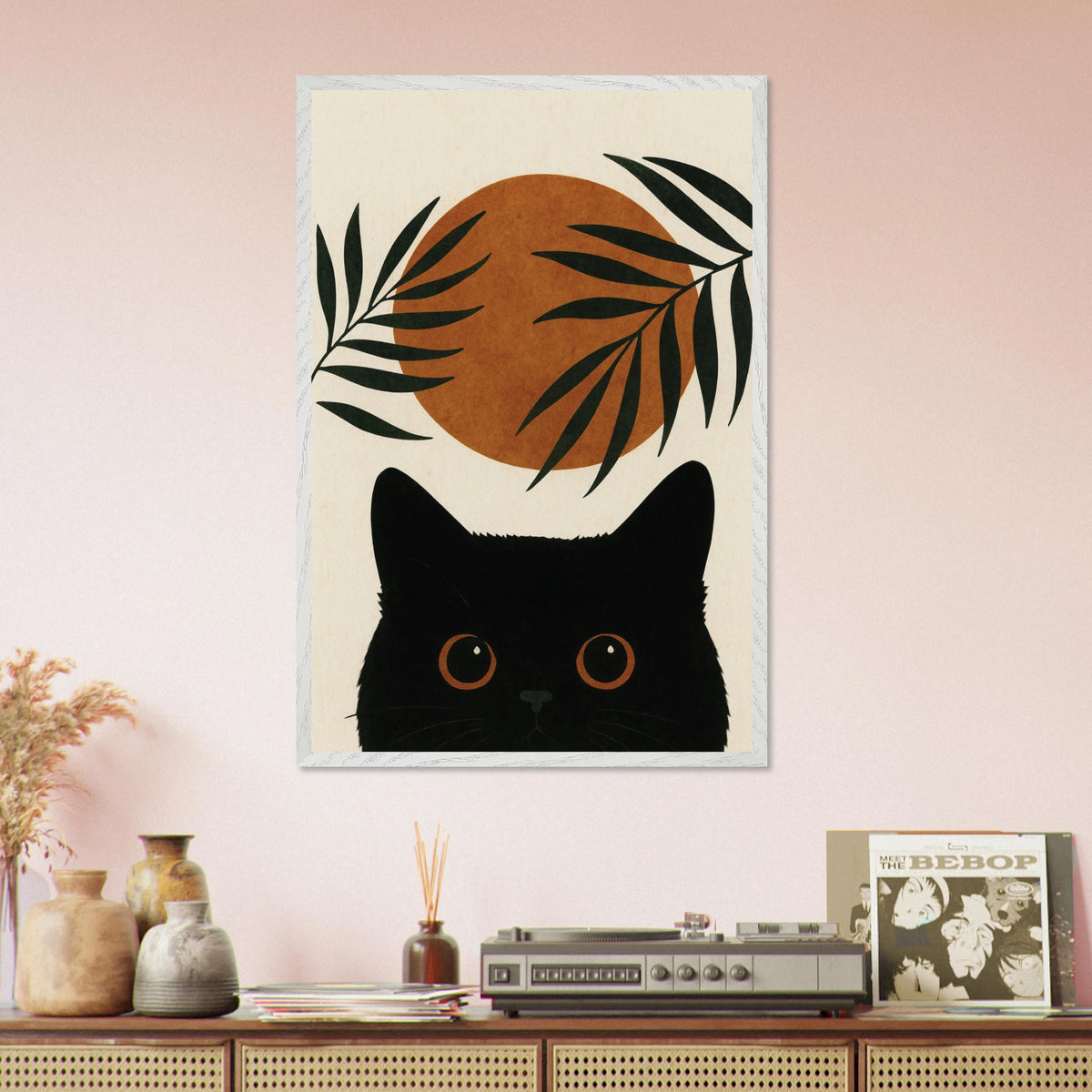 Sunset Whiskers – Minimal Cat Art Wooden Frame Gift - - Wooden Framed Posters