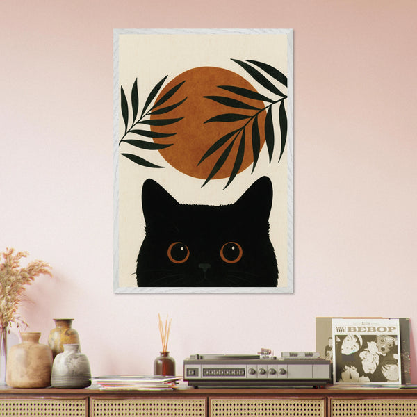 Sunset Whiskers – Minimal Cat Art Wooden Frame Gift - - Wooden Framed Posters