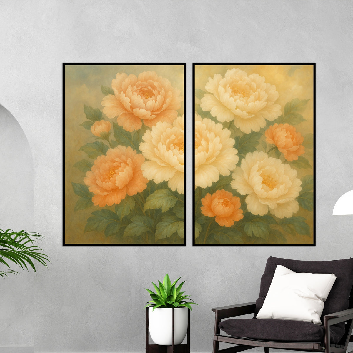 Golden Peony Bloom – Framed Glossy Wall Art Set - White Metal Glossy Photo - Framed Posters